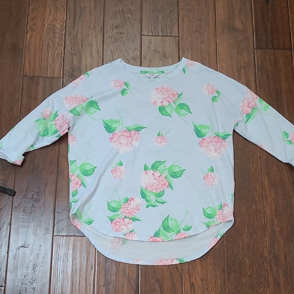 crown & ivy Tops - Crown & Ivy Light Blue 3/4 Sleeve Blouse with Pink & Green Floral Design size S